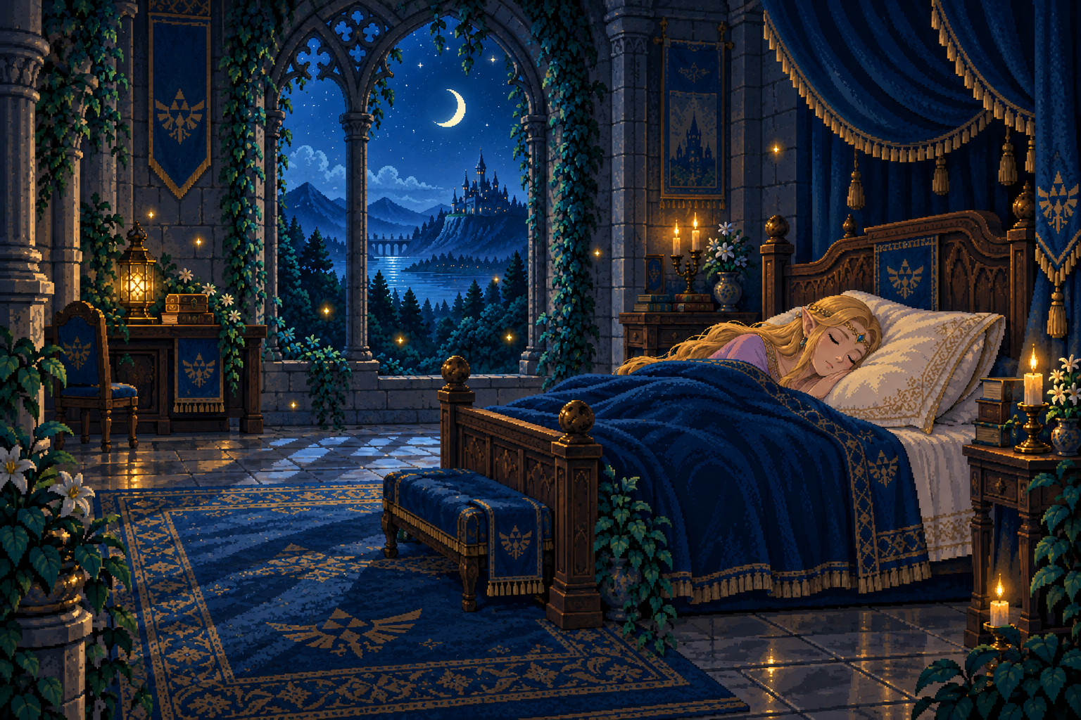 Princess Zelda sleeping peacefully in a moonlit castle bedroom overlooking Hyrule.